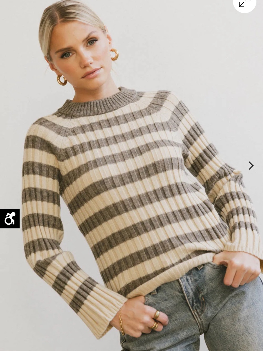 Bohme Striped Rib Knit Crewneck Sweater Cream & Taupe Small